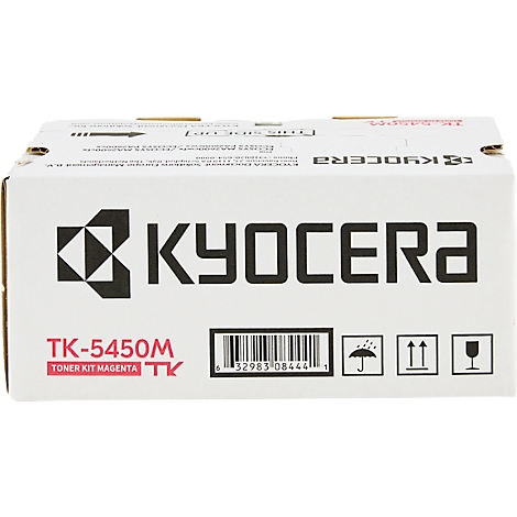 Eine weiße Box mit schwarzem 'Kyocera'-Logo und Produktinformationen. Unten steht 'TK-5450M Toner Kit Magenta'.