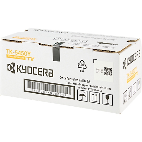 Eine weiße, rechteckige Verpackung mit Text und Logos, die einen Drucker-Toner darstellt.