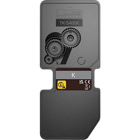 Black toner cartridge with Kyocera logo and TK-5480K. Toothed gears on the housing, warning notice below.