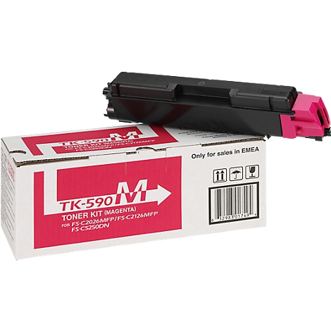 A black toner cartridge rests on a box with pink accents and text. The text reads: TK-590M Toner Kit (Magenta).