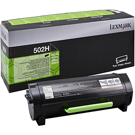 Black Lexmark toner cartridge and packaging. Cartridge with green lever, packaging printed with "502H".