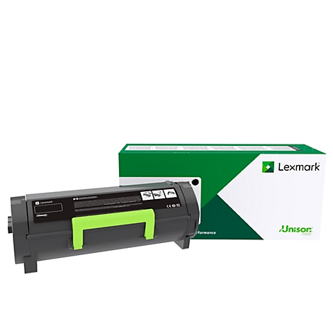 Black-gray toner cartridge with green handle next to green packaging. Lexmark logo visible.