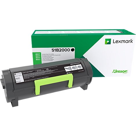 Black toner cartridge labeled 51B2000, next to a green packaging with the Lexmark logo.