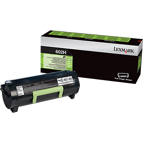 Black Lexmark toner cartridge and packaging. The cartridge is black with a green handle, the packaging black with a green logo.