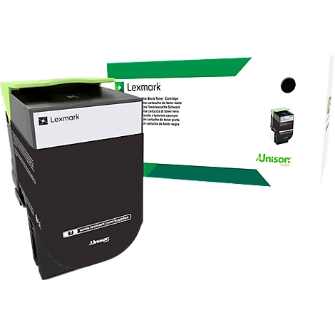 Black Lexmark toner cartridge with packaging. Inscription: Unison.