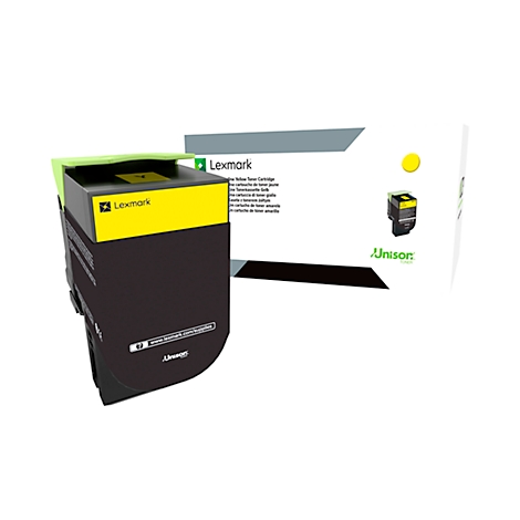 Black and yellow Lexmark toner cartridge with packaging. Inscriptions: 'Lexmark' and 'Unison'.