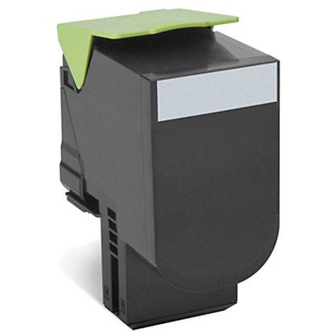 Black printer cartridge with green lid and gray label.