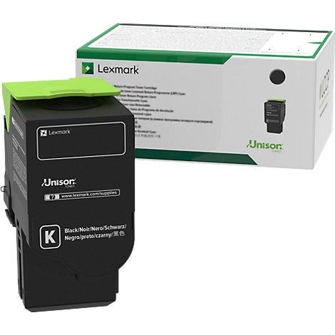 Black toner cartridge with green accents and packaging. It says "Lexmark" and "Unison".