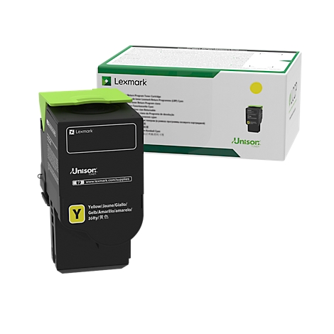Black ink cartridge with yellow label and green cover. Packaging is also visible.