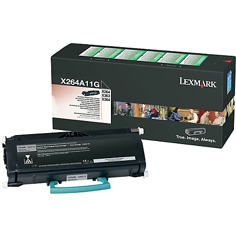 A black Lexmark toner cartridge and its packaging. The packaging says 'Lexmark'.