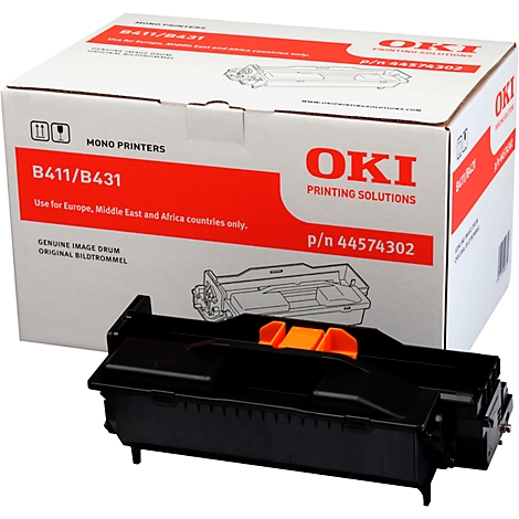 Black toner cartridge with orange elements in front of the packaging. The packaging says "OKI" and further information.