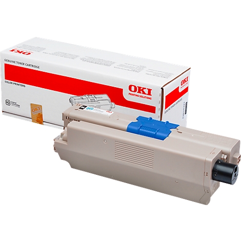 Beige toner cartridge with blue handle and packaging with red line and OKI logo.