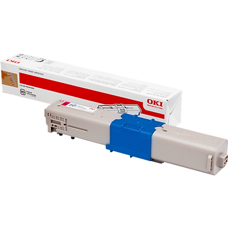 A printer cartridge and its packaging. The packaging says OKI.