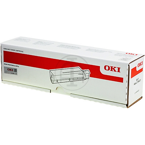 A white box with a red line and the OKI logo. On the box, there is an outline of a toner cartridge.