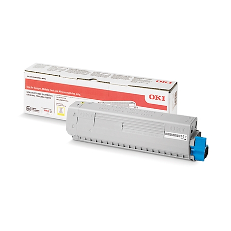 Gray printer cartridge with blue elements and a package. The package says "OKI".