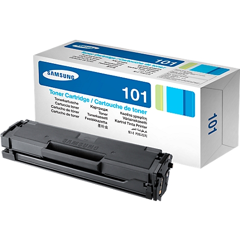 A black Samsung toner cartridge lies in front of the packaging. The packaging says "101".