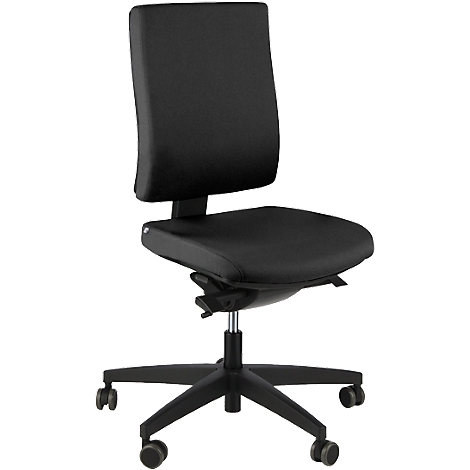 Black office chair with backrest, seat, casters and height-adjustable base. The chair is set up in a studio.
