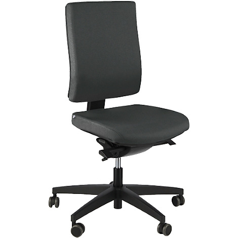 Gray office chair with castors. Ergonomic shape, adjustable height and backrest. Black frame.