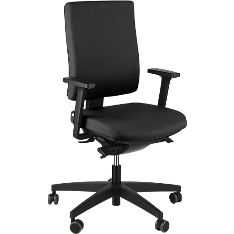 Black office chair, ergonomically shaped, with armrests and castors. Backrest and seat made of padded fabric.
