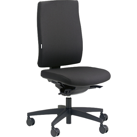 Black office chair, ergonomically shaped, with rollers and adjustable backrest.