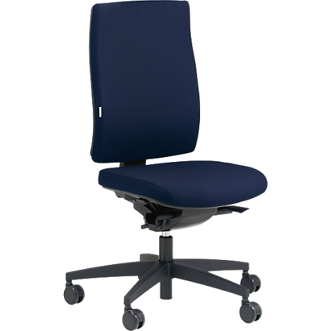 Blue office chair with backrest, seat, castors and frame. Detailed shot of the office chair, which is on a white background.