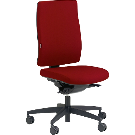 Office chair with red fabric and black frame. The chair is on castors and has a high backrest.