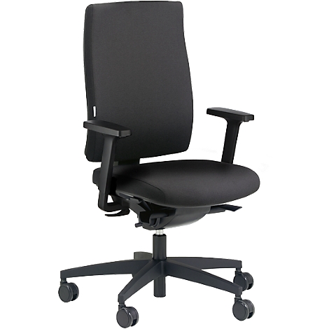 Black office chair, ergonomically shaped. Backrest and seat are padded, armrests adjustable. On castors.