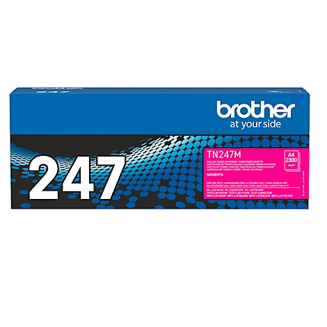 Magenta Brother toner TN247M, blauwe doos met witte 247. Sticker met productnaam.