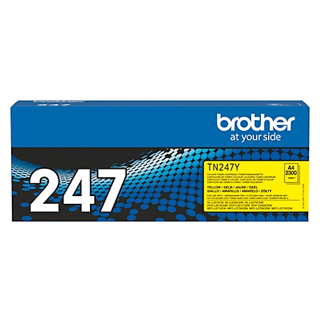 Brother-tonercartridge. De blauwe verpakking met het nummer "247". Het gele gedeelte bevat productinformatie.