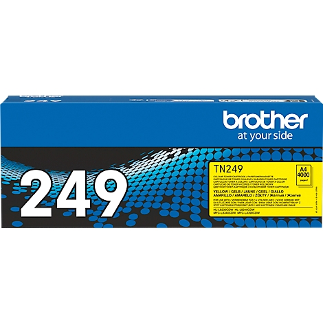 Een blauwe en gele Brother tonercartridge, met de tekst "TN249" en "A4 4000".