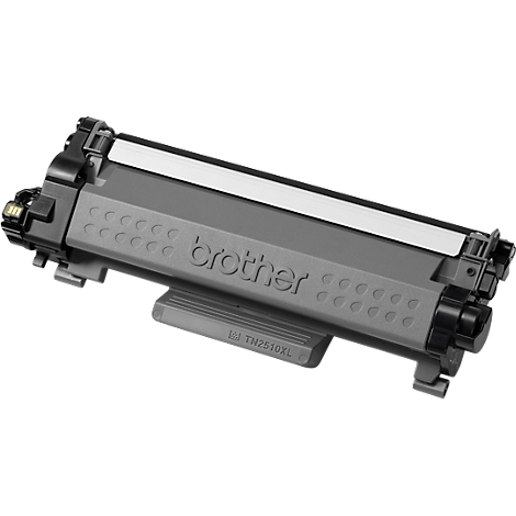 Een grijze Brother-tonercartridge, het merklogo is duidelijk zichtbaar. Gedrukt: TN2510XL.