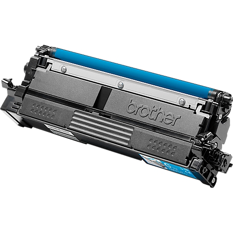 Zwarte Brother-tonercartridge met lichtblauwe developerrol op een witte achtergrond.