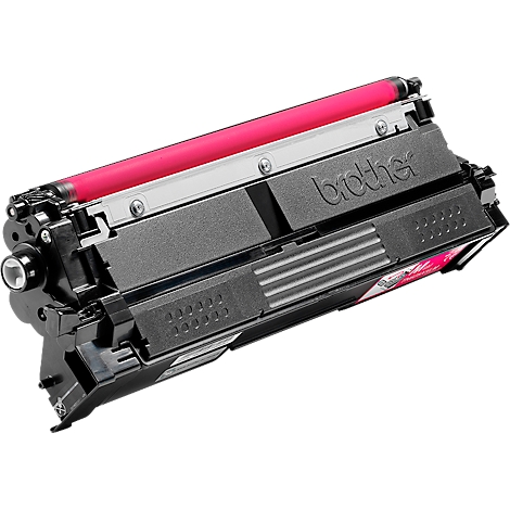Zwarte Brother-tonercartridge met roze rol op een witte achtergrond.