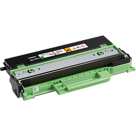 Een groene en zwarte Brother tonercartridge. Bovenop zitten waarschuwingsborden, stickers en het Brother-logo.