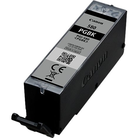 Zwarte Canon-inktcartridge, model 580 PGBK. Grijs label met tekst en QR-code.