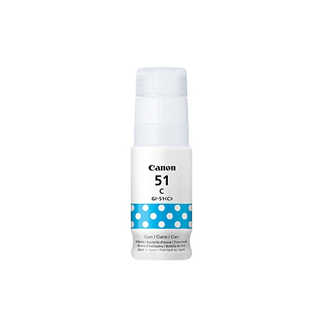 Een witte Canon inktfles met het label "51 C". Het onderste deel van de fles is blauw met witte stippen.