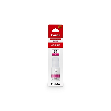 Canon inktcartridge 51 M. Witte fles met roze stippen en belettering. Rode verpakking met Canon logo.