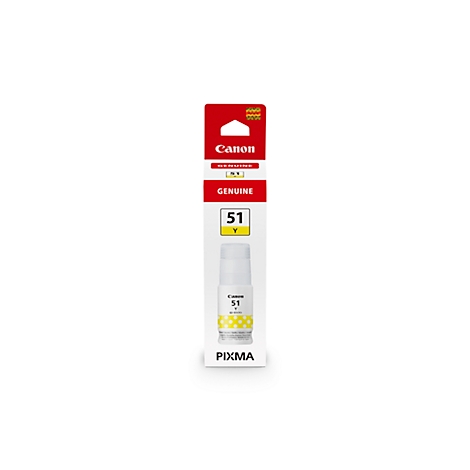 Canon gele inktcartridge, model 51 Y. Verpakking met bedrijfslogo, productnaam en opdrukken.