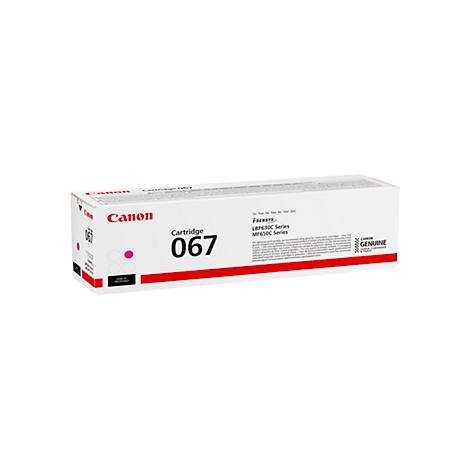 Een Canon 067 inktcartridge in een witte doos met rode en zwarte accenten. Er staat "Cartridge 067" op.