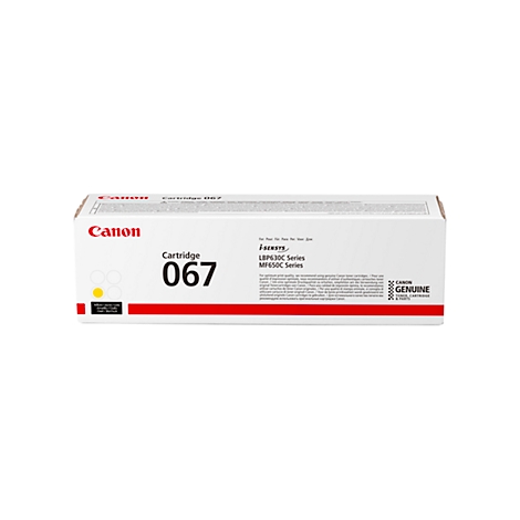 Een witte Canon cartridge doos met rode en gele accenten. Er staat "Cartridge 067", "Canon".