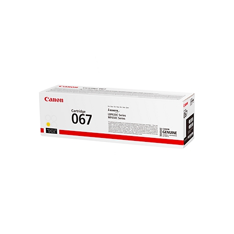 Een witte Canon cartridge doos met rode en zwarte tekst. Gedrukte teksten: Cartridge 067, Canon Genuine.