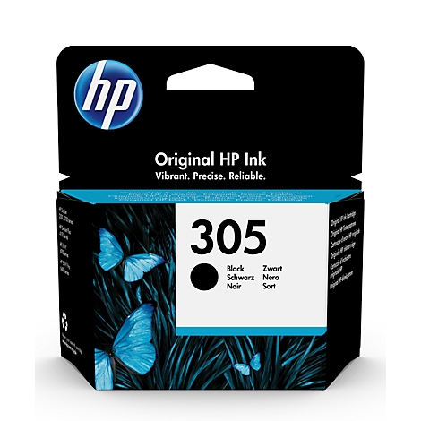 HP 305 inktcartridge met vlinderontwerp. Tekst: Original HP Ink, zwart.