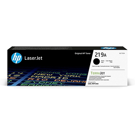 Zwarte HP LaserJet tonercartridge 219A. De verpakking is zwart en wit met het HP-logo.