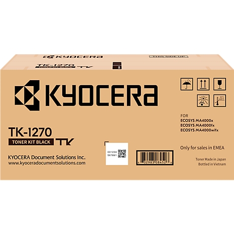 Bruine kartonnen doos met KYOCERA logo en productinformatie. 'TK-1270 Toner Kit Black' is duidelijk zichtbaar.