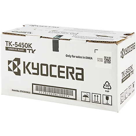 Een witte doos met opdrukken van Kyocera. Op de doos staat "TK-5450K Toner Kit Black" en barcode.