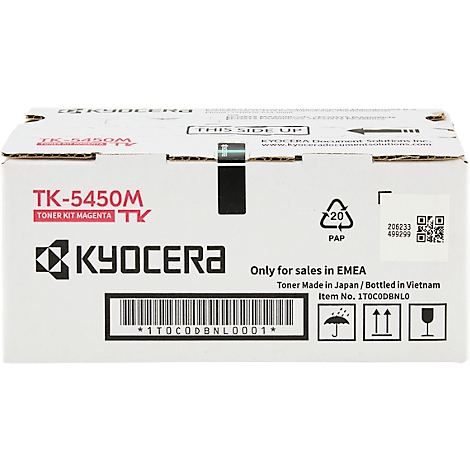 Een Kyocera doos. Tekst omvat TK-5450M Toner Kit Magenta, EMEA, barcode en iconen.