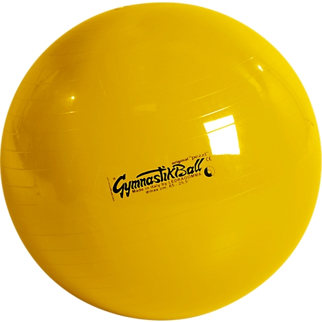 Gele gymnastiekbal met tekst. Inscriptie: 'GymnastikBall' en andere informatie.