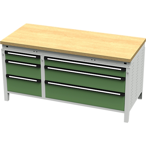 Werkbank met houten blad, groene lades en metalen frame. Er zitten zes laden in de bovenkant.