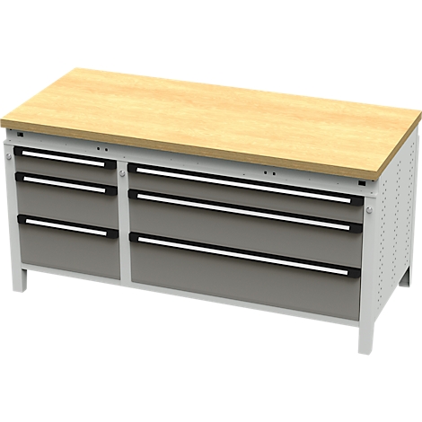 Werkbank met houten bovenblad, grijze laden en metalen frame. Twee blokken met laden: 2x3 laden.