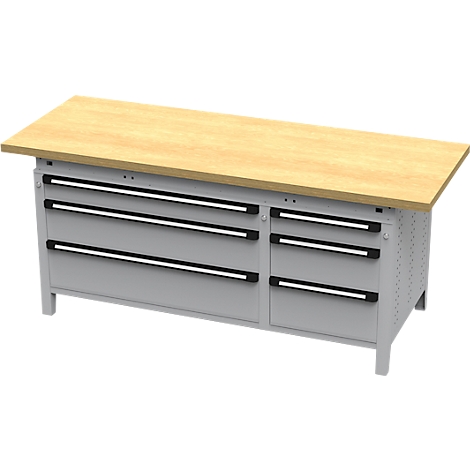 Werkbank met houten blad en grijze lades. Zwarte handvatten, metalen frame.